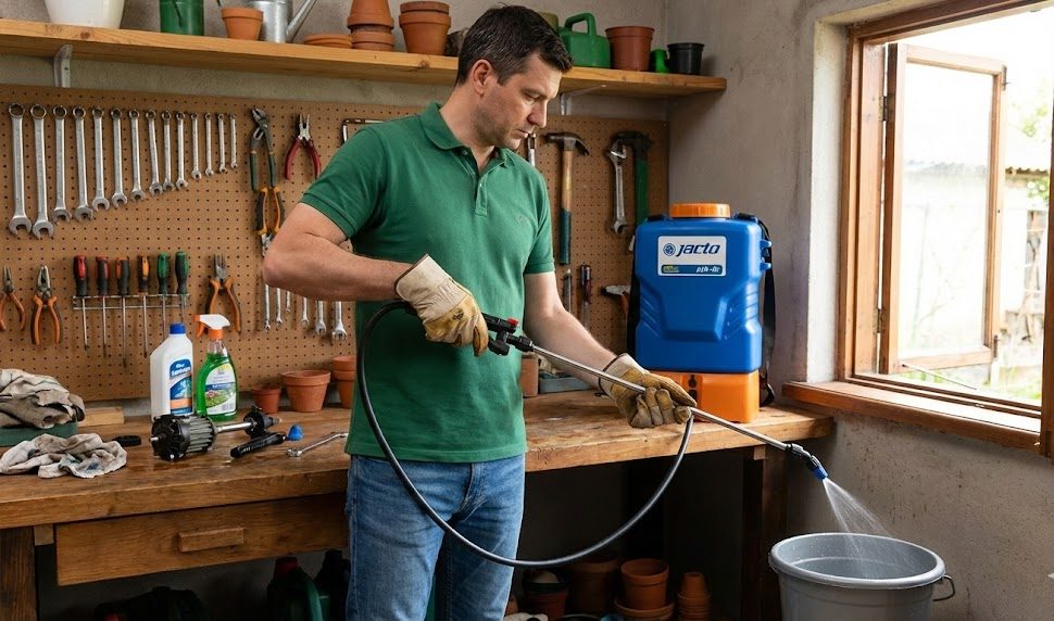 Обслуживание и промывка аккумуляторного опрыскивателя Jacto